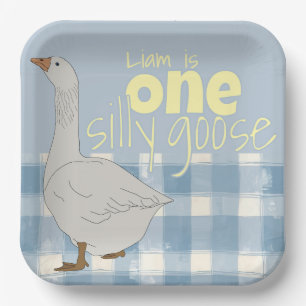 Blauw & Wit Plaid Een Gekke Gans Papieren Bordje