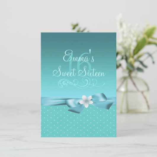 Blauw/Wit Polka Dot & Bow Verjaardag Uitnodigen Kaart (Staand voorkant)