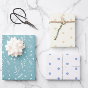 Blauw & Wit Polka Dots, Blauwe Sneeuwvlokken, Ster Inpakpapier Vel