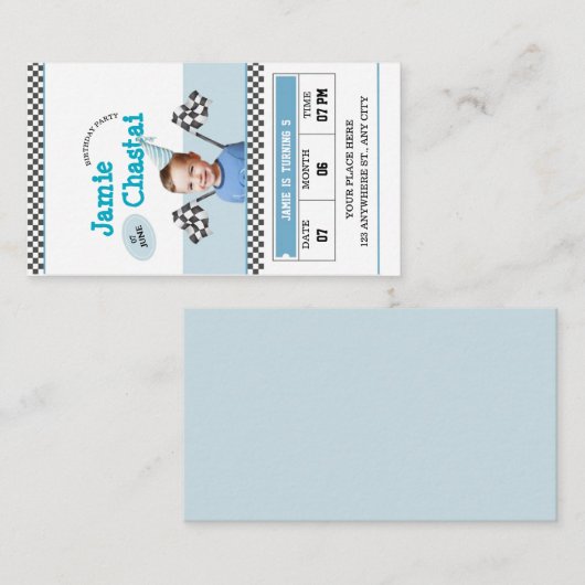 Blauw & Wit Race Auto Avontuur Kids Verjaardag Informatiekaartje (Voorkant / Achterkant)