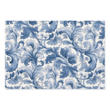 Blauw-wit Renaissance Acanthus Damask