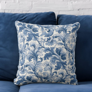 Blauw-wit Renaissance Acanthus Damask Kussen