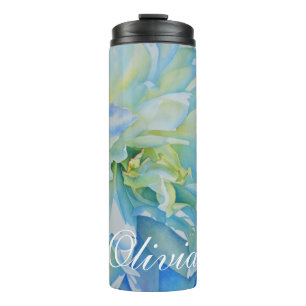 Blauw wit romantisch pioen waterverf schilderij thermosbeker