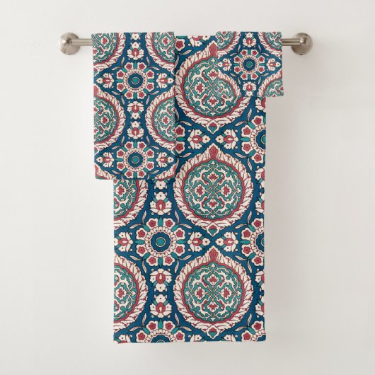 Blauw Wit Rood Blauwgroen Oosters Azulejo Patroon Bad Handdoek (Insitu)