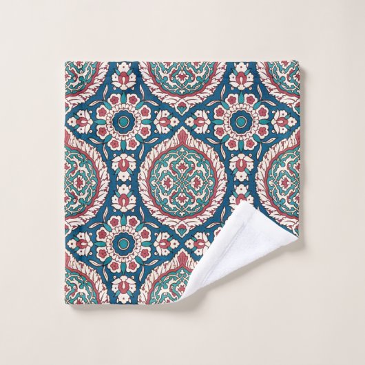 Blauw Wit Rood Blauwgroen Oosters Azulejo Patroon Bad Handdoek (Wasdoekje)