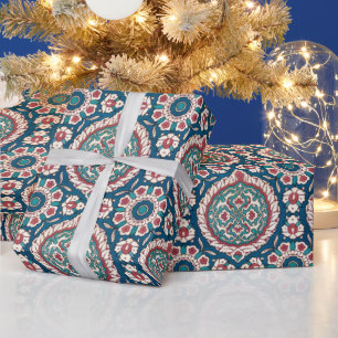 Blauw Wit Rood Blauwgroen Oosters Azulejo Patroon Cadeaupapier