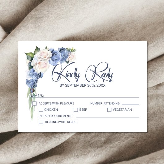 Blauw Wit Rose Bloemen bruiloft RSVP Kaartje