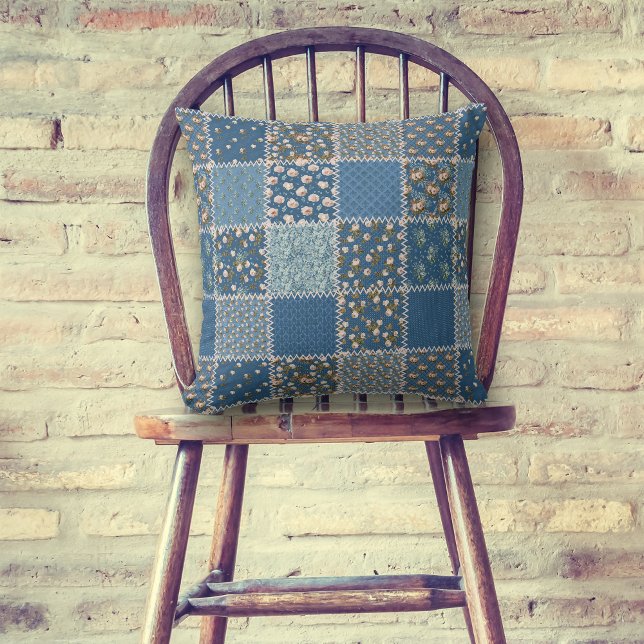 Blauw wit rozen Patchwork Quilt Pattern Kussen (Creator heeft geüpload)