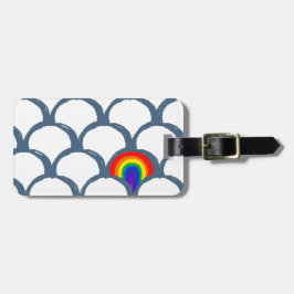 Blauw & Wit Schets Scallop Patroon & Regenboog Bagagelabel