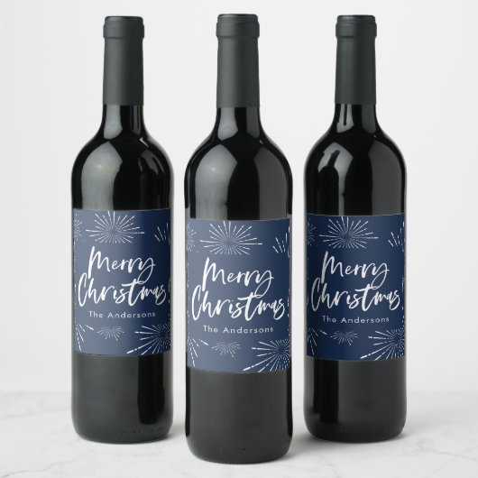 Blauw-wit script vrolijk kerstfeest wijn etiket (Flessen)