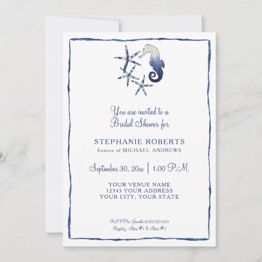 Blauw Wit Shibori Zeepaardje Starfish Beach Bridal Kaart (Voorkant)
