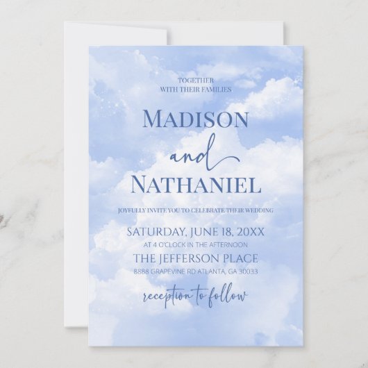 Blauw Wit Sparkle Wolken Dromerige Elegante Bruilo Kaart (Voorkant)