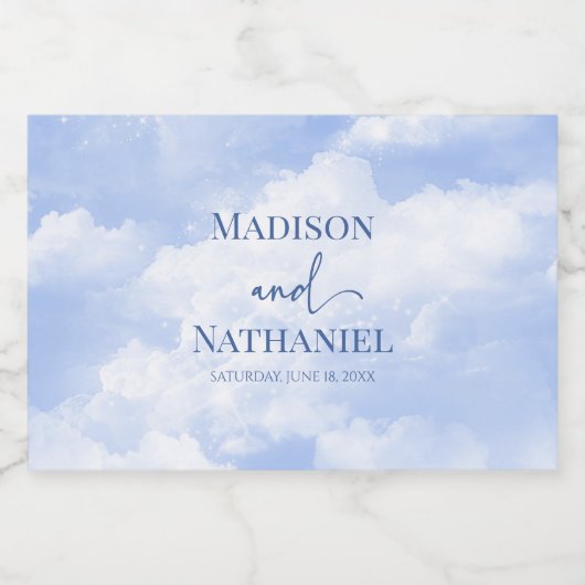 Blauw Wit Sparkle Wolken Dromerige Elegante Bruilo Likeurfles Etiket (Enkel label)