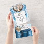 Blauw wit strand schelpen glanzende parelmoer all in one uitnodiging (Afscheurbaar)