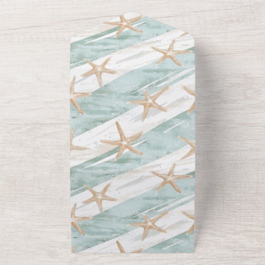 Blauw Wit Strand Zeester bruiloft All In One Uitnodiging (Buitenkant)