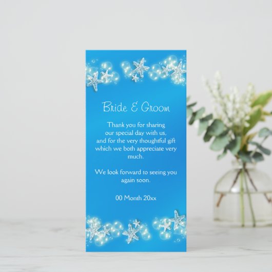 Blauw wit strand zeesterren bruiloft bedankkaart (Staand voorkant)