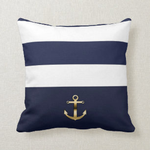 Blauw & wit Stripe Gold Anchor Nautical Chic Kussen