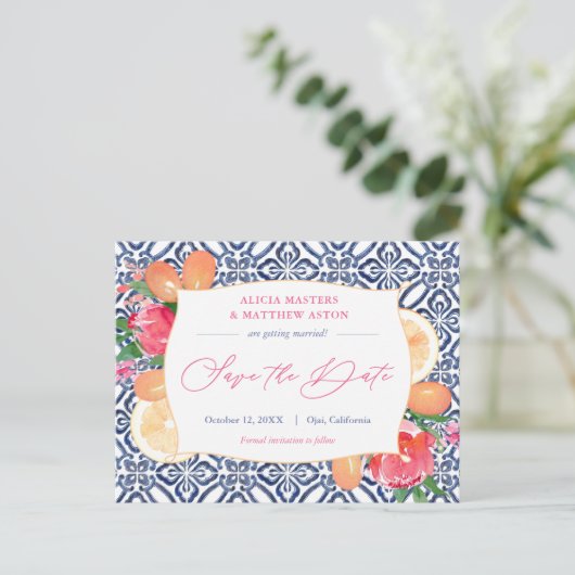 Blauw Wit Tegels Roze Citrus Bruiloft Save The Dat Briefkaart (Staand voorkant)
