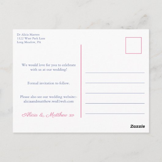 Blauw Wit Tegels Roze Citrus Bruiloft Save The Dat Briefkaart (Achterkant)