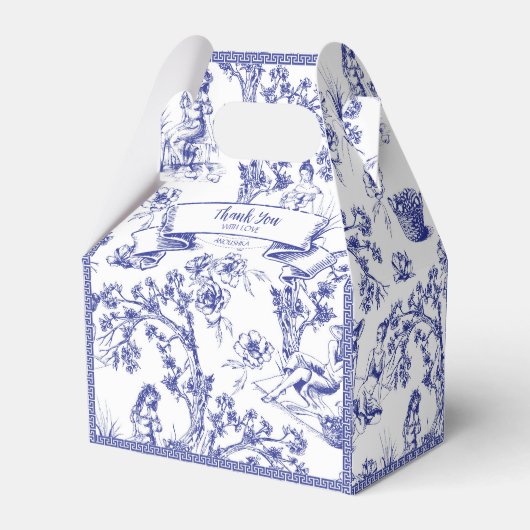 Blauw-wit Toile de Jouy Vrijgezellenfeest Bedankdoosjes (Achterkant)