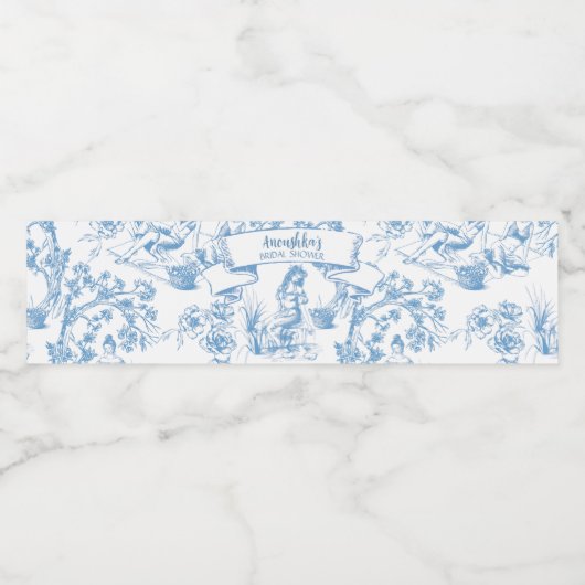 Blauw-wit Toile de Jouy Vrijgezellenfeest Waterfles Etiket (Enkel label)