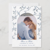 Blauw & wit Toile koppelfoto Save the Date Kaart (Voorkant)