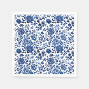 Blauw Wit Toile Waterverf Bloemen Papier Servet