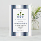 Blauw & Wit Topiaries Tuin Verjaardagsfeest Kaart (Staand voorkant)