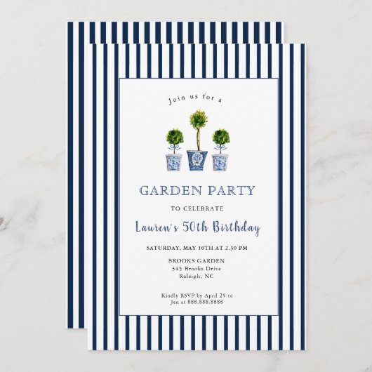 Blauw & Wit Topiaries Tuin Verjaardagsfeest Kaart (Voorkant / Achterkant)