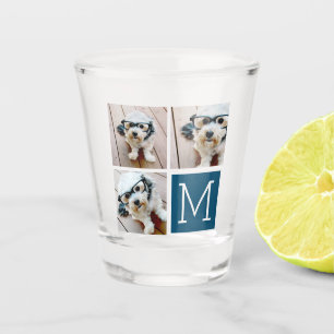 Blauw-Wit Trendy Fotocollage met Monogram Shot Glas