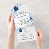 Blauw & Wit Tropisch Bladeren Bruiloft All In One Uitnodiging (Afscheurbaar)