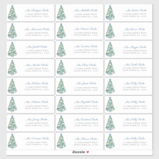 Blauw Wit Versierde Boom Kerst Kaarten Adres Sticker (Vel)