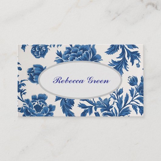 Blauw & Wit Victoriaans geïnspireerd Bloemontwerp Visitekaartje (Voorkant)