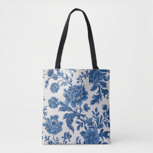 Blauw & Wit Victoriaans geïnspireerde Bloemenprint Draagtas
