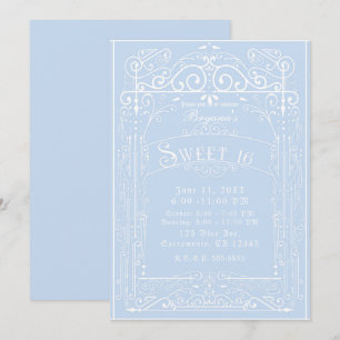 Blauw & Wit Vintage Victoriaans Deco Sweet 16 Fees Kaart
