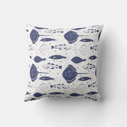 Blauw wit vissenpatroon op golvend Gevist net Kussen (Achterkant)
