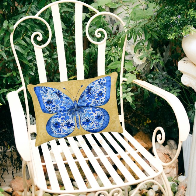  Blauw Wit Vlinder Antiek Goud Damask Accent Kussen (Creator heeft geüpload)
