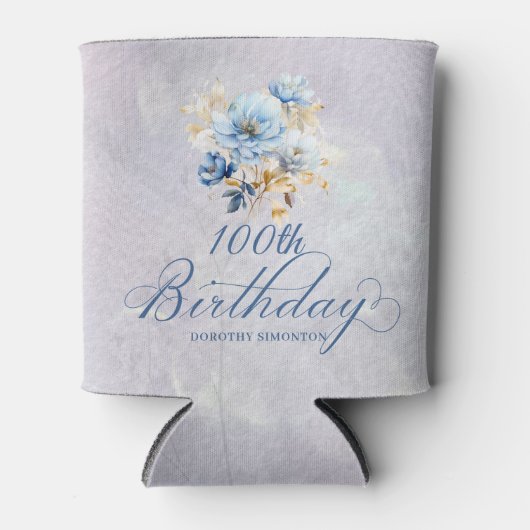 Blauw Wit Waterverf Bloemen 100ste Verjaardag Blikjeskoeler (Voorkant)