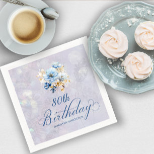 Blauw Wit Waterverf Bloemen 80ste Verjaardag Servet