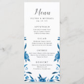 Blauw & wit waterverf bloemenbruiloft menu (Voorkant)