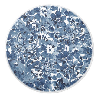 Blauw & Wit Waterverf Bloemenvlinder Elegant Keramische Knop