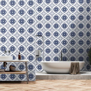 Blauw Wit Waterverf Mediterraan Tegel Patroon Behang
