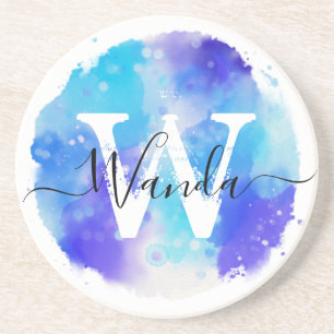 Blauw Wit Waterverf Monogram Script Zandsteen Onderzetter