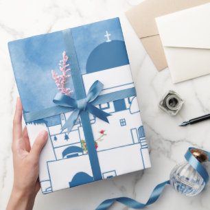 Blauw & Wit Waterverf Santorini Griekenland Cadeaupapier