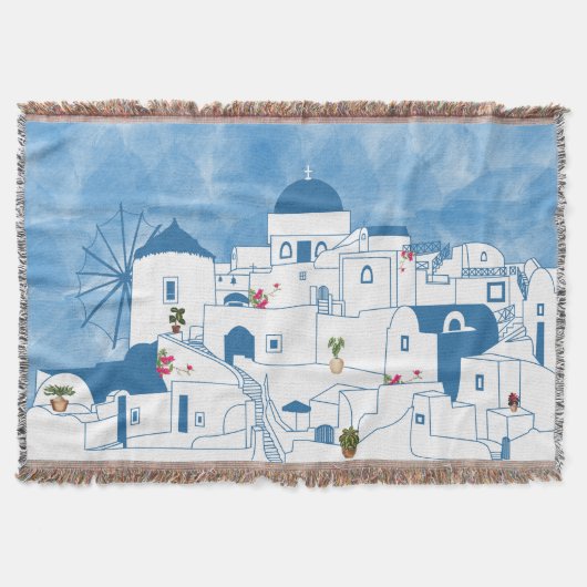 Blauw & Wit Waterverf Santorini Griekenland Deken (Voorkant)