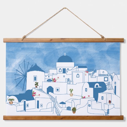 Blauw & Wit Waterverf Santorini Griekenland Hangend Wandkleed (Voorkant)