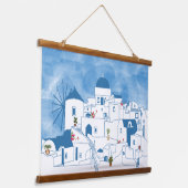 Blauw & Wit Waterverf Santorini Griekenland Hangend Wandkleed (Gebogen)