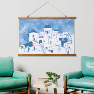 Blauw & Wit Waterverf Santorini Griekenland Hangend Wandkleed