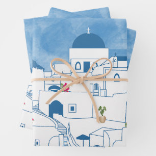 Blauw & Wit Waterverf Santorini Griekenland Inpakpapier Vel