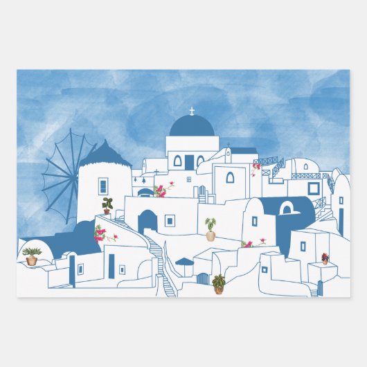 Blauw & Wit Waterverf Santorini Griekenland Inpakpapier Vel (Voorkant)
